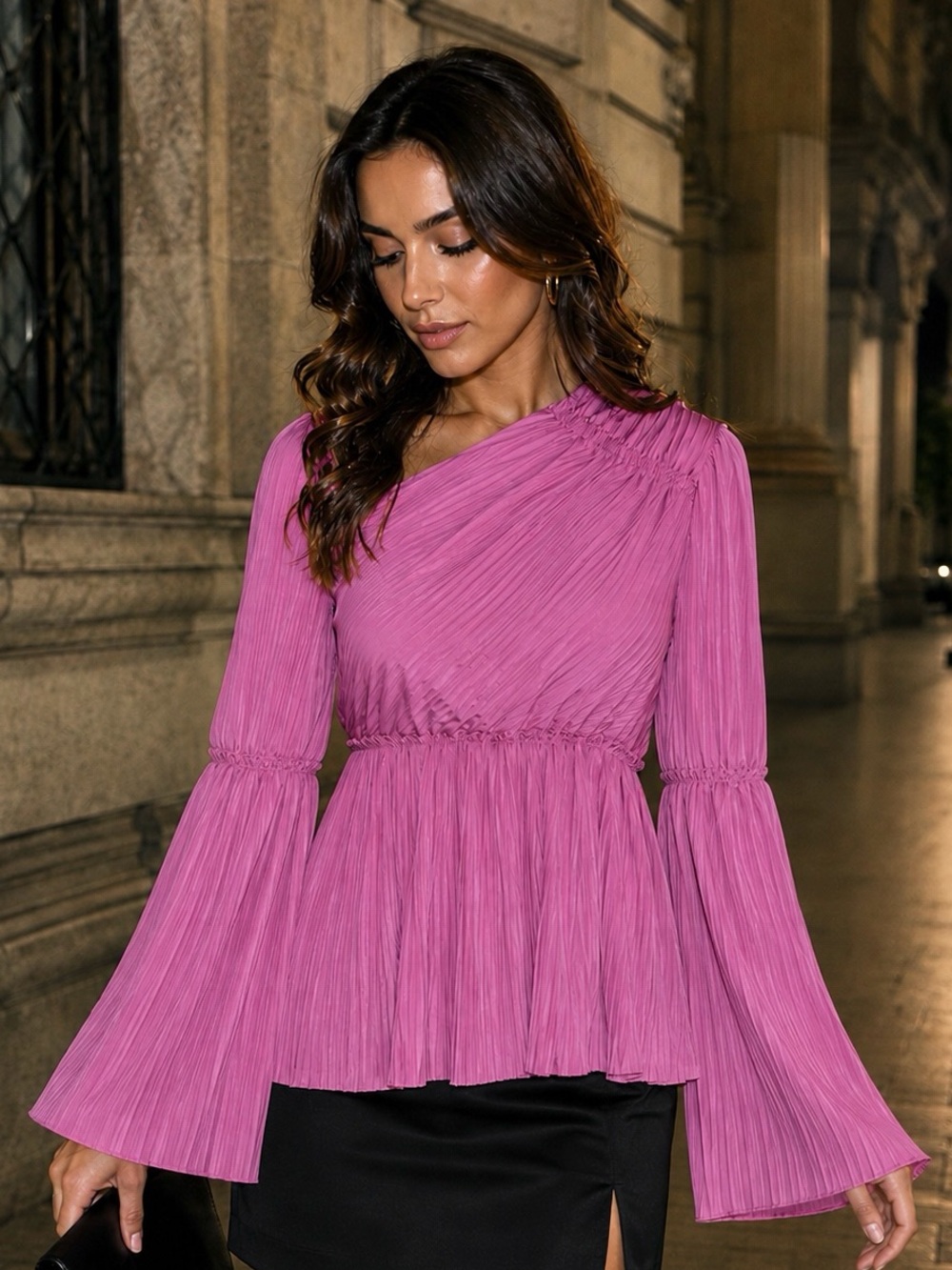 Bailey 44 Pink Pleated Peplum Blouse Bell Sleeve Romantic Flowy Top - Picture 1 of 8